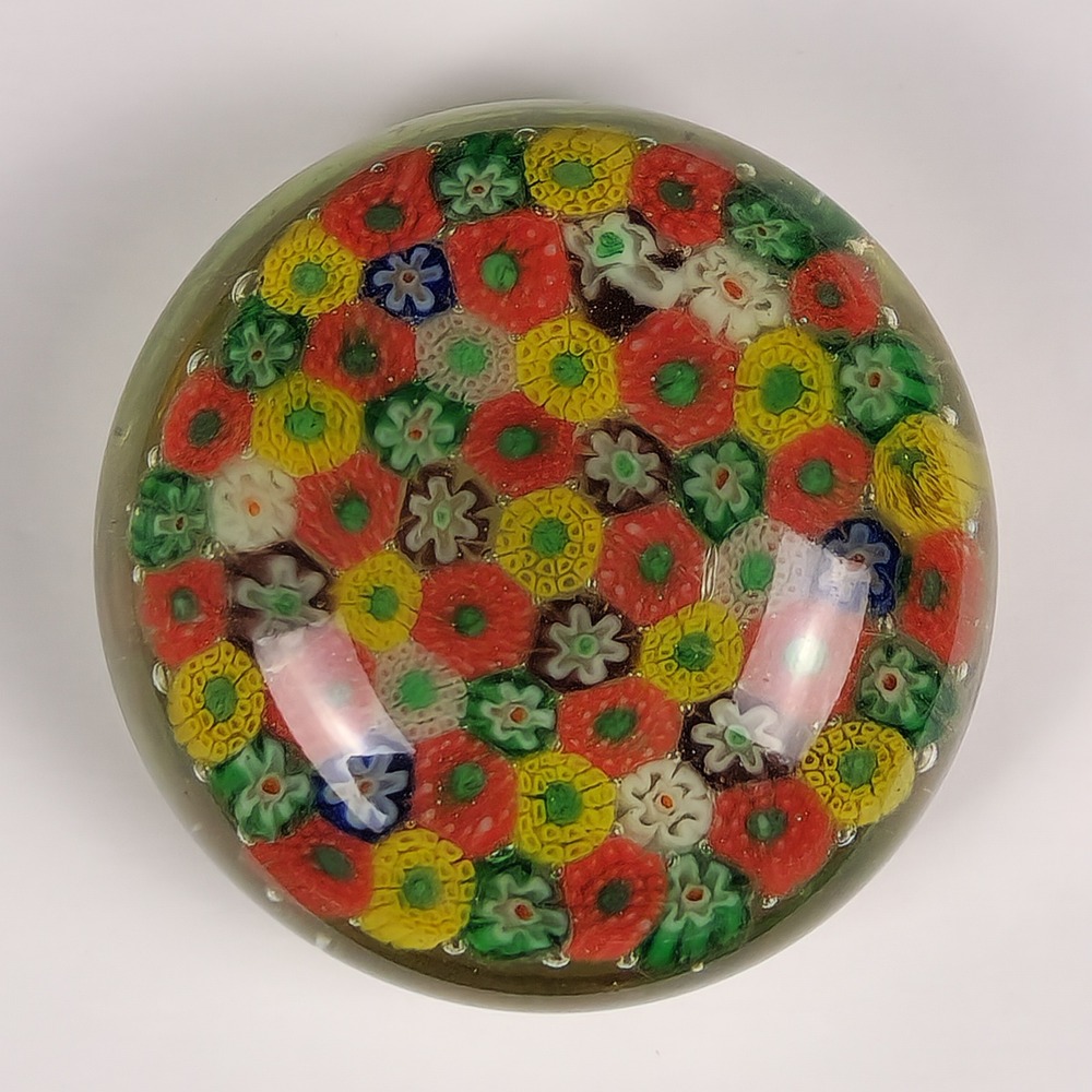 Vintage Millefiori Art Glass Paperweight Multi Color Floral Canes Domed Round